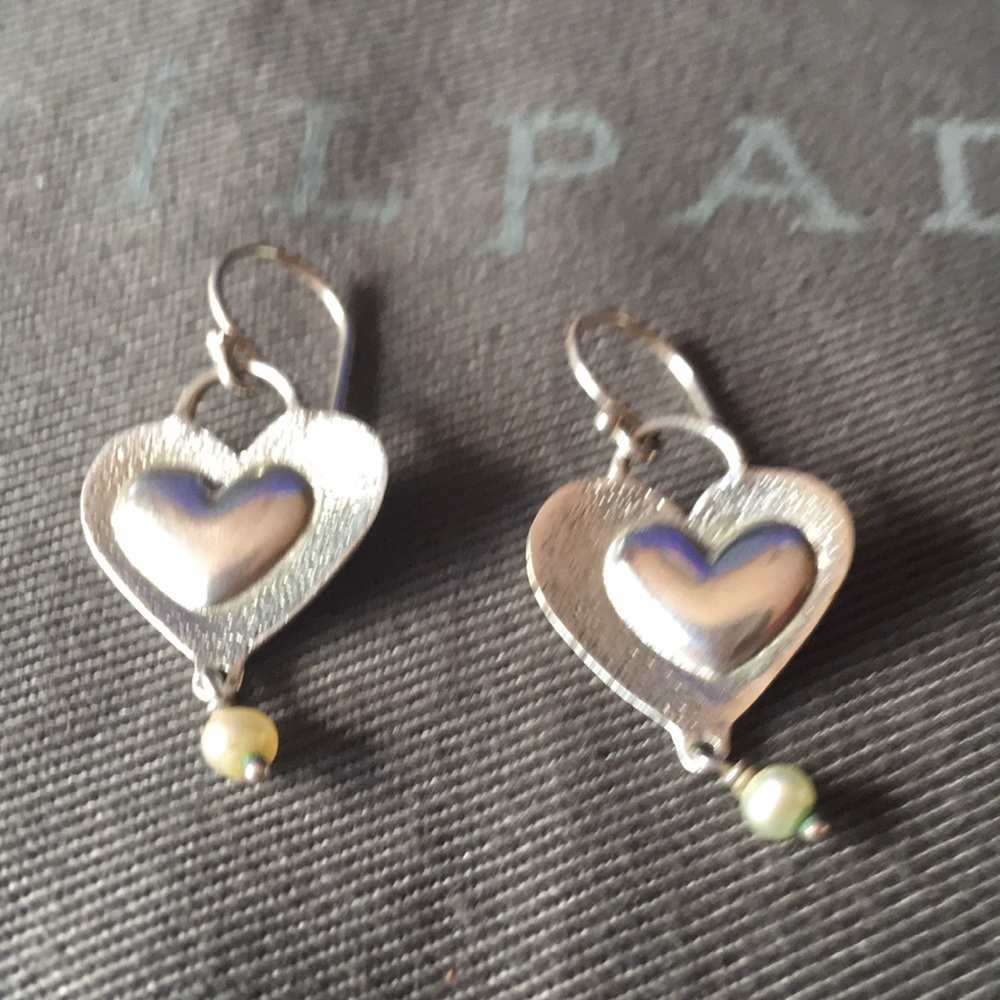 Silpada Textured SS  Heart Pearl Dangle Earrings